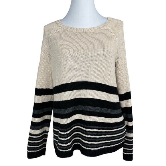 Covered by Suss Women's Cream Striped‎ Scoop Neck Old Money Knit Sweater S/C39 - Picture 1 of 11